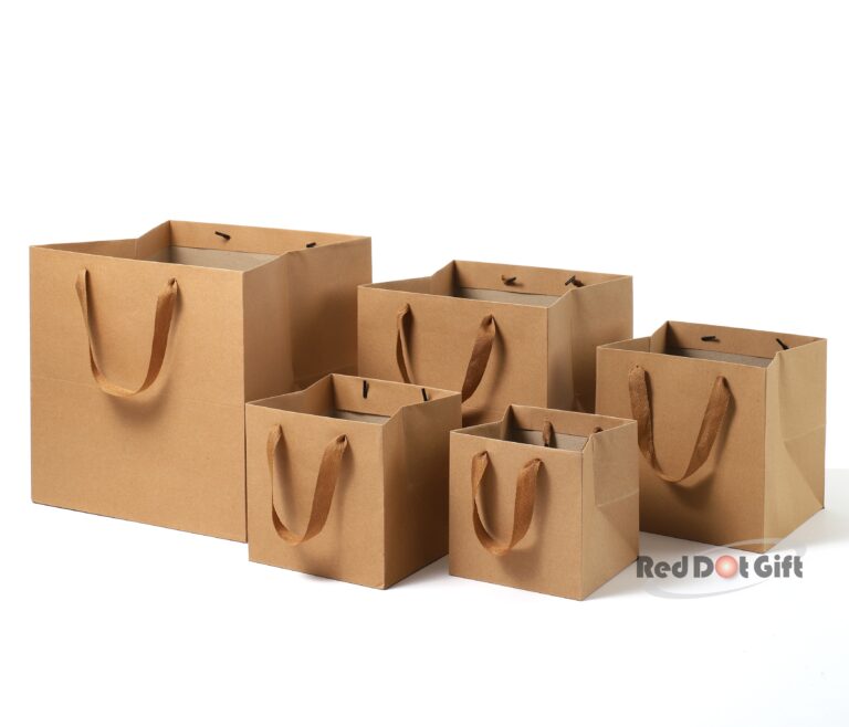 Square Base Tpye Kraft Paper Bags, Hard Paper with Ribbon Handle. ( 6 Sizes )