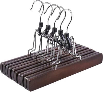 HOUSE DAY 10 Pack Walnut Clamp Wooden Pants Hangers Non Slip Wood Skirt Hangers Wood Jeans/Slack Hanger with 360° Swivel Hook - Pants Hangers for Skirts, Slacks.