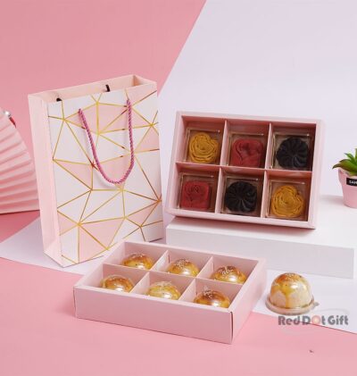 Red Dot Gift® 10 pcs Combo (27x19x7)cm Geometric Pink Color Chocolate Biscuit and Moon Cake Box with Divider New Born Baby Set Cookies Display and Packaging Box With Bag (5pcs Box+ 5Pcs Bag).